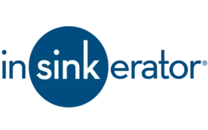 The InSinkErator logo displays “sink” in white within a blue circle, with the rest of the name in dark gray on a crisp white background.